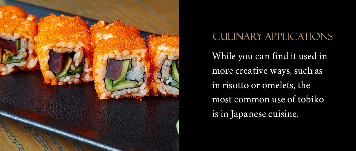 Tobiko generously garnished on sushi dishes, showcasing its culinary versatility and vibrant color as a topping.