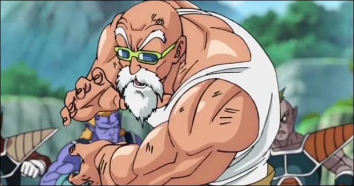 Master Roshi in Dragon Ball FighterZ, unable to use Super Dash, reflecting his canonical inability to fly.
