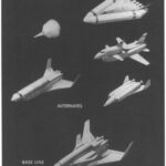 Drawing of early shuttle concepts including: capsule, lifting body, winged first-stage with winged or rocket second-stage, and winged with external-tank designs.