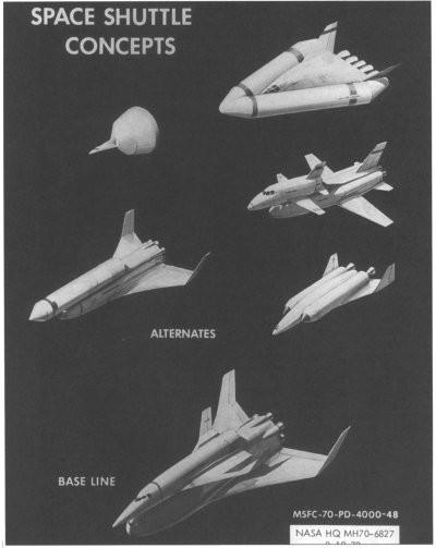 Drawing of early shuttle concepts including: capsule, lifting body, winged first-stage with winged or rocket second-stage, and winged with external-tank designs.