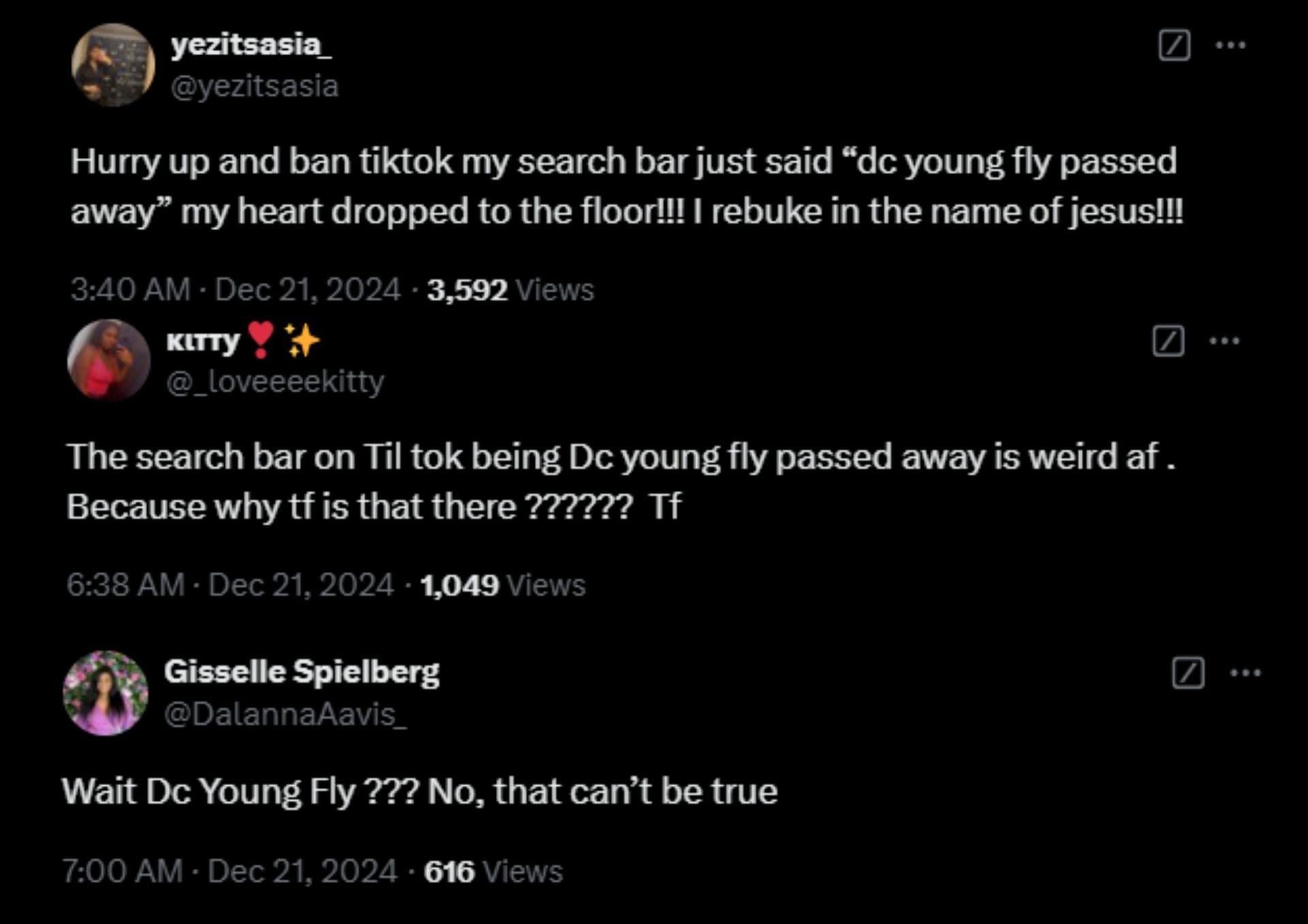 Reactions from netizens on X to rumors of DC Young Fly's passing (Images via X)