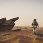 Graphic illustration of an astronaut walking on the surface of Mars.