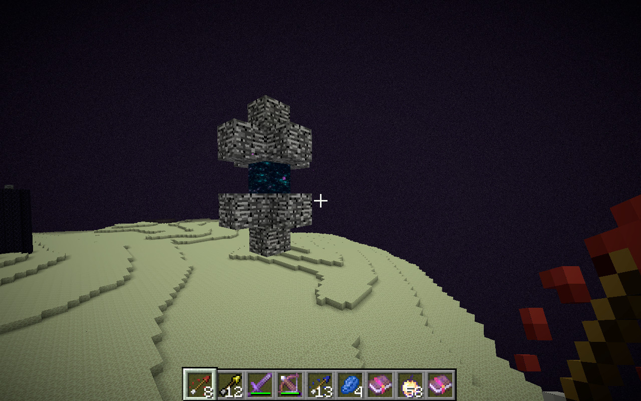 Using an Ender Pearl to access the outer End Islands portal.