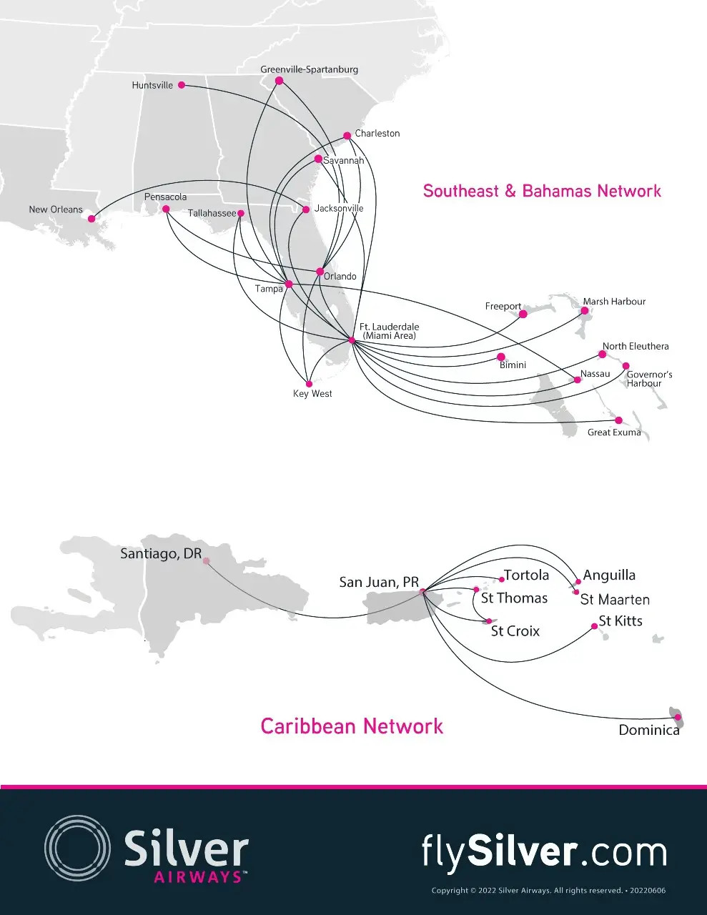 Silver Airways has routes to 16 international destinations and 12 domestic destinations.