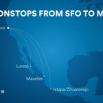 Map showing new Alaska Airlines nonstop flights from San Francisco to Loreto, Mazatlan, and Ixtapa/Zihuatanejo in Mexico, expanding their West Coast to Mexico network.