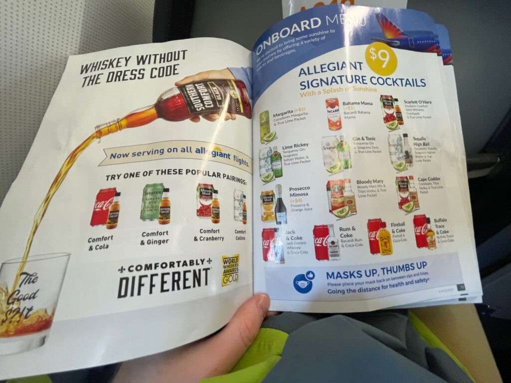 Allegiant's buy-on-board menu showcasing beverage options available for purchase during the flight.