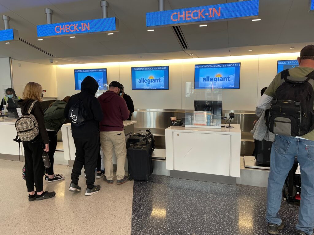 Allegiant check-in at LAX. Passengers are queuing to check in for their Allegiant flights at Los Angeles International Airport.