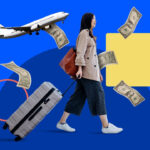 Illustration of a woman traveler holding money with an airplane in the background, representing the cost of air travel.