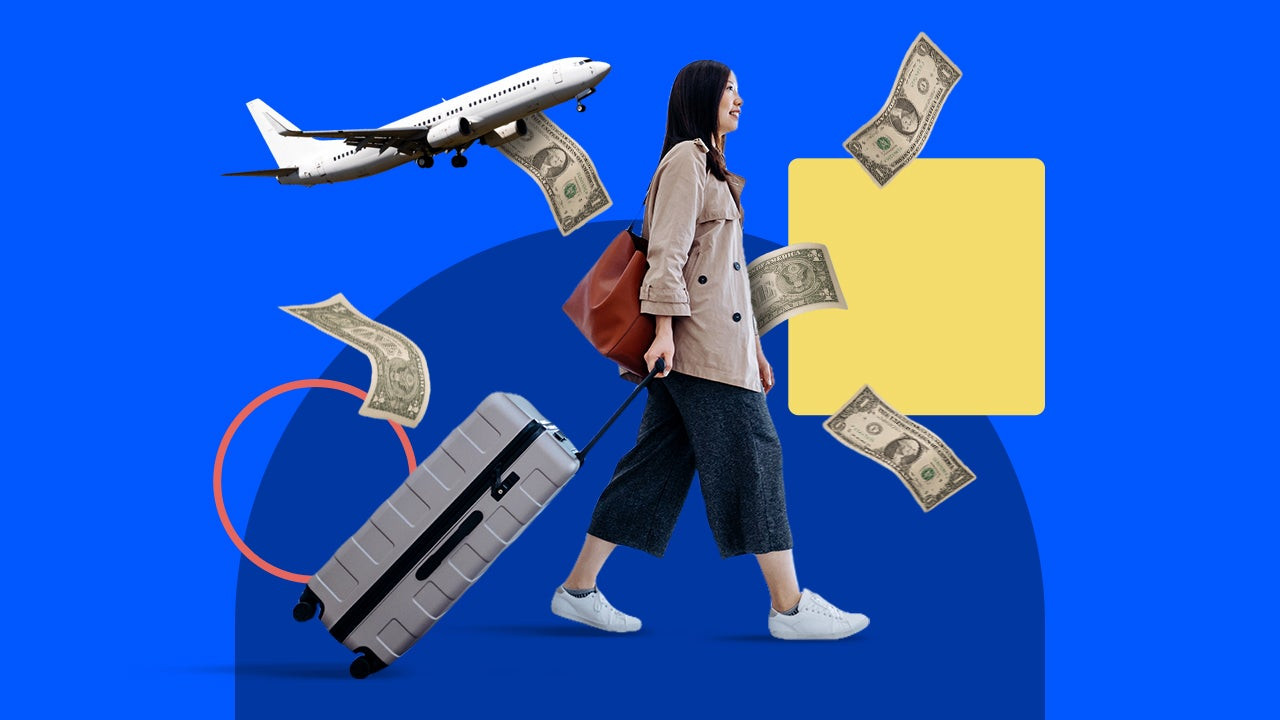 Illustration of a woman traveler holding money with an airplane in the background, representing the cost of air travel.
