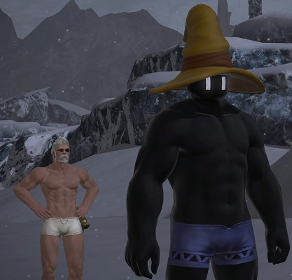 Godbert Manderville's over-the-top transformation of Gigi into a muscular, almost entirely nude figure, showcasing the absurd humor characteristic of the Hildibrand questline.