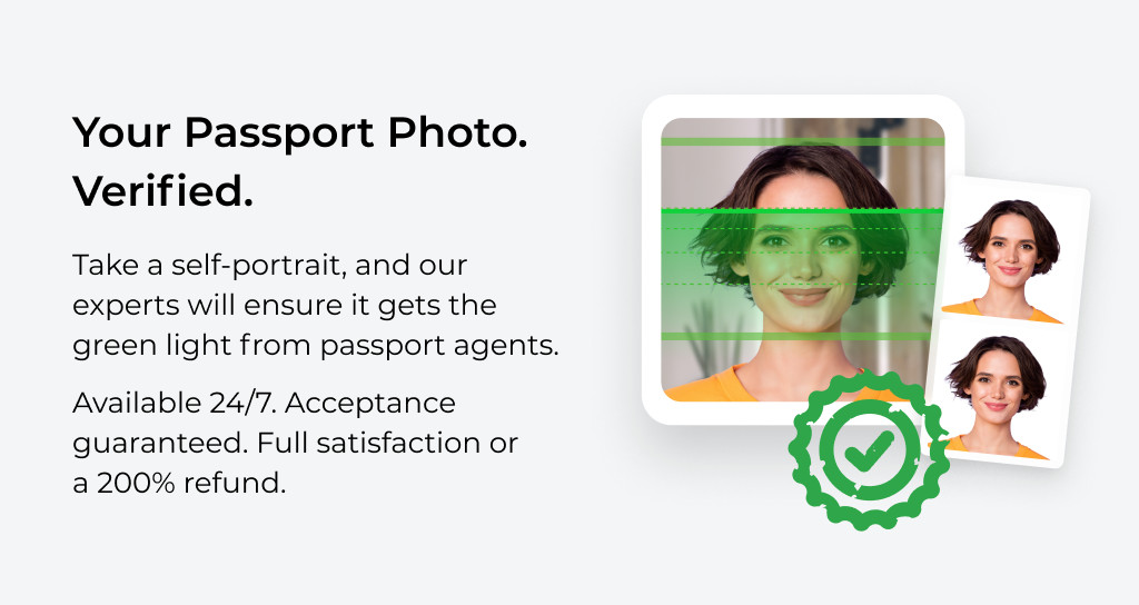 Benefits of using PhotoAiD for passport photos: expert verification, acceptance guarantee, money-back guarantee, and more.