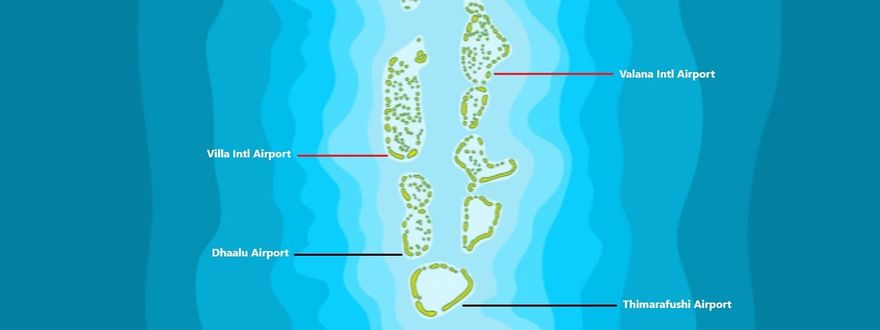 Map depicting the central atolls airports in Maldives, showing connectivity to resorts and Male.