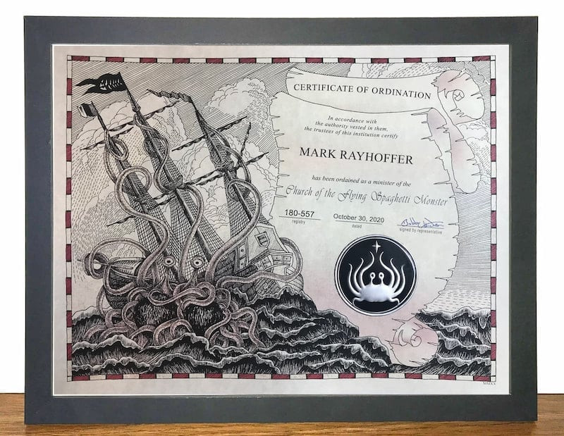 Pastafarian ordination certificate
