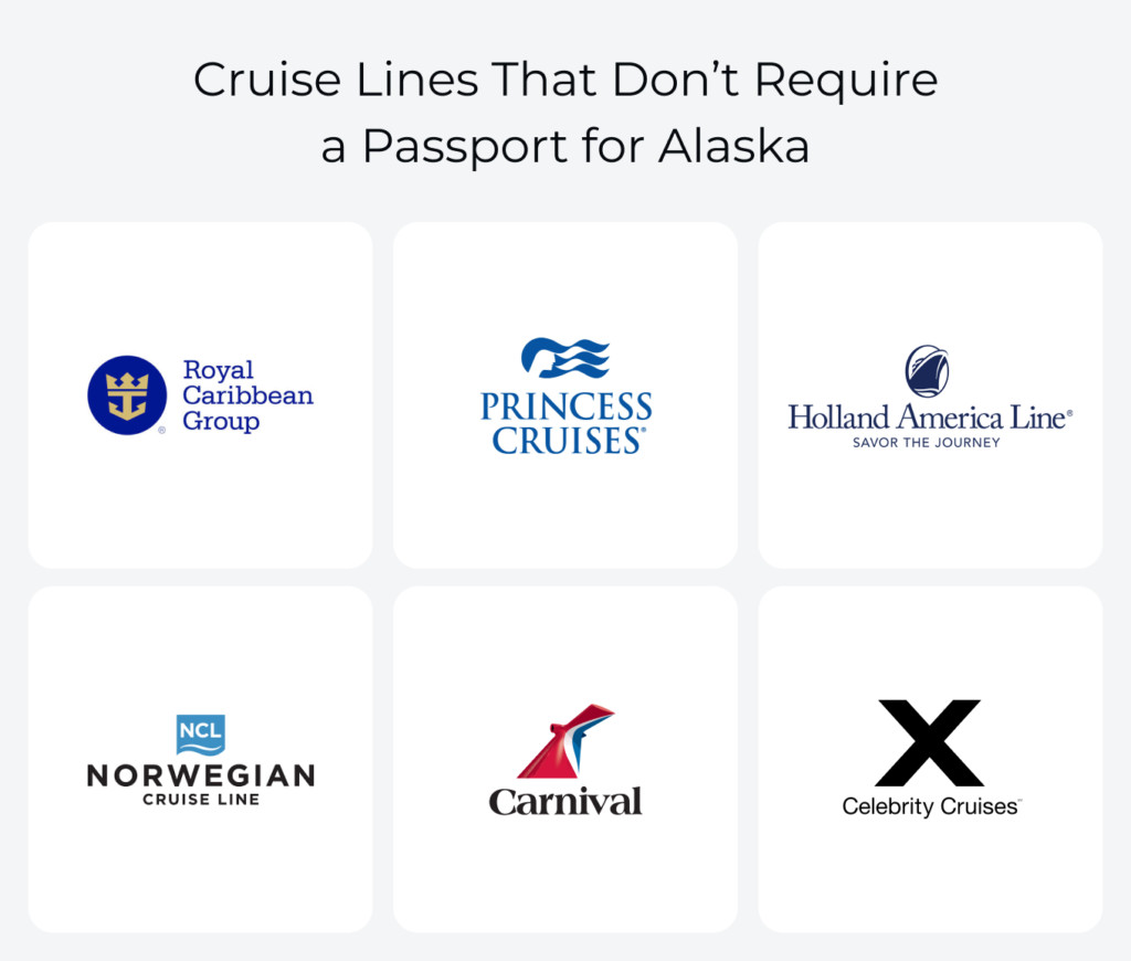 A graphic showing logos of six cruise lines that offer passport-free Alaskan cruises for US citizens.