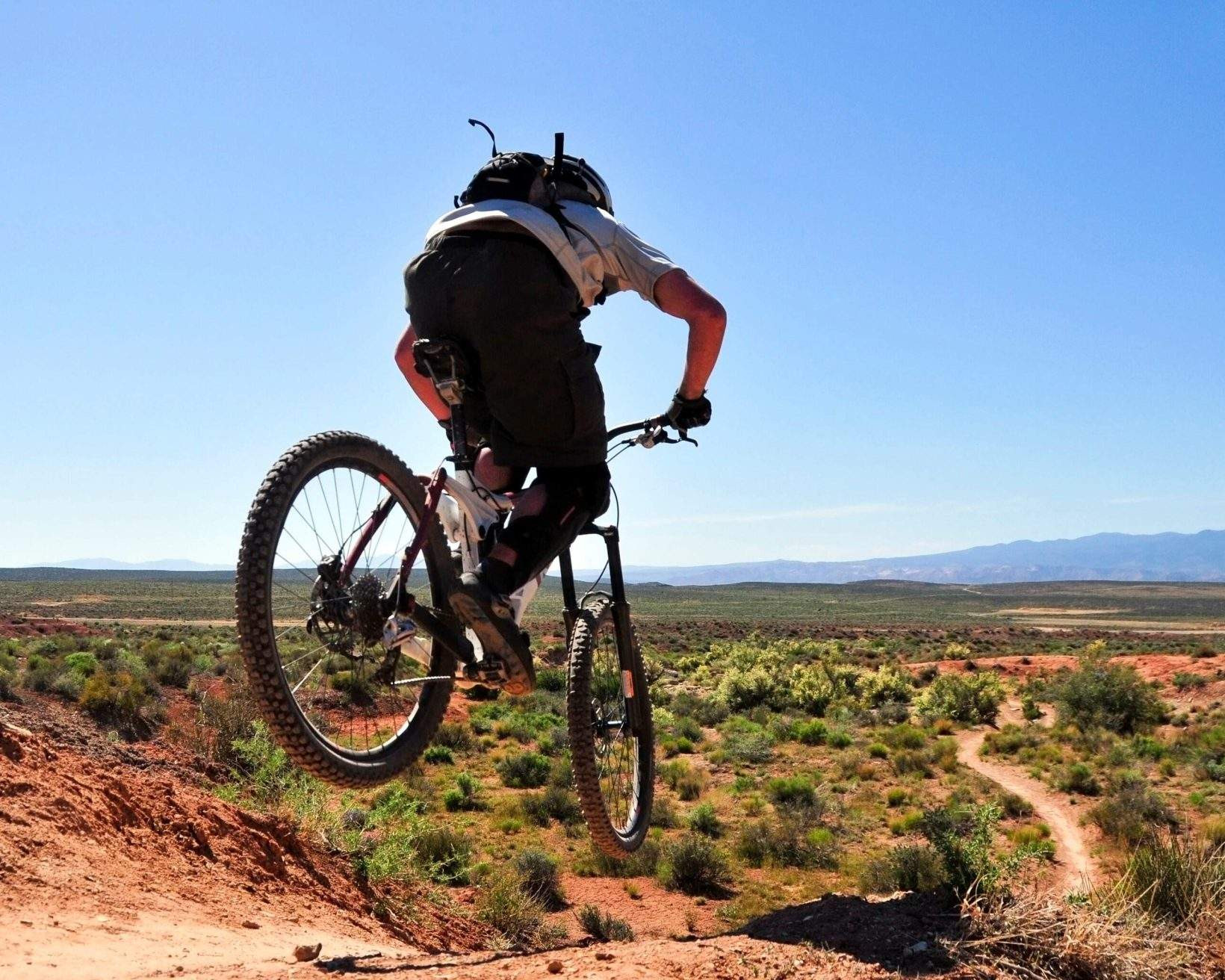 A cyclist riding through Zion National Park, with its vast, barren landscape and clear blue sky.