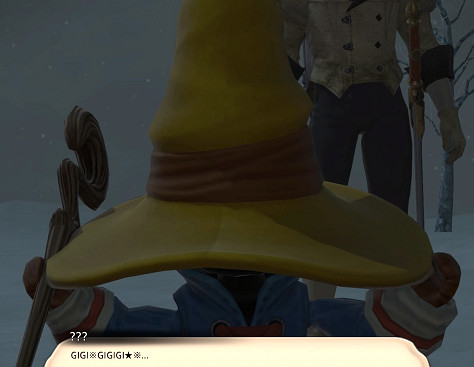 Gigi, the mysterious black mage-like doll, performing the iconic hat-adjusting animation reminiscent of Vivi from Final Fantasy IX, hinting at his enigmatic origins.