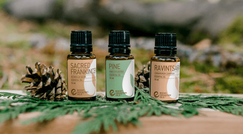 Essential oil bottles in various colors and types.