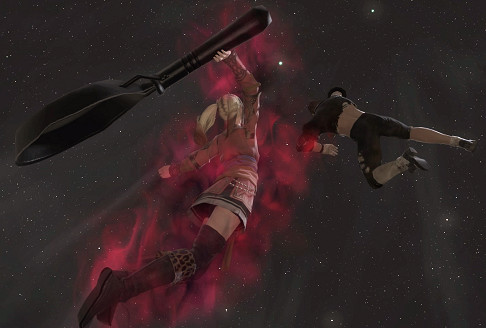 Julyan Manderville launching Hildibrand into the air with her frying pan, a recurring comedic motif and a fittingly over-the-top conclusion to the Heavensward Hildibrand questline.