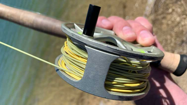 Fly line spooled on a fly reel, ready for leader attachment