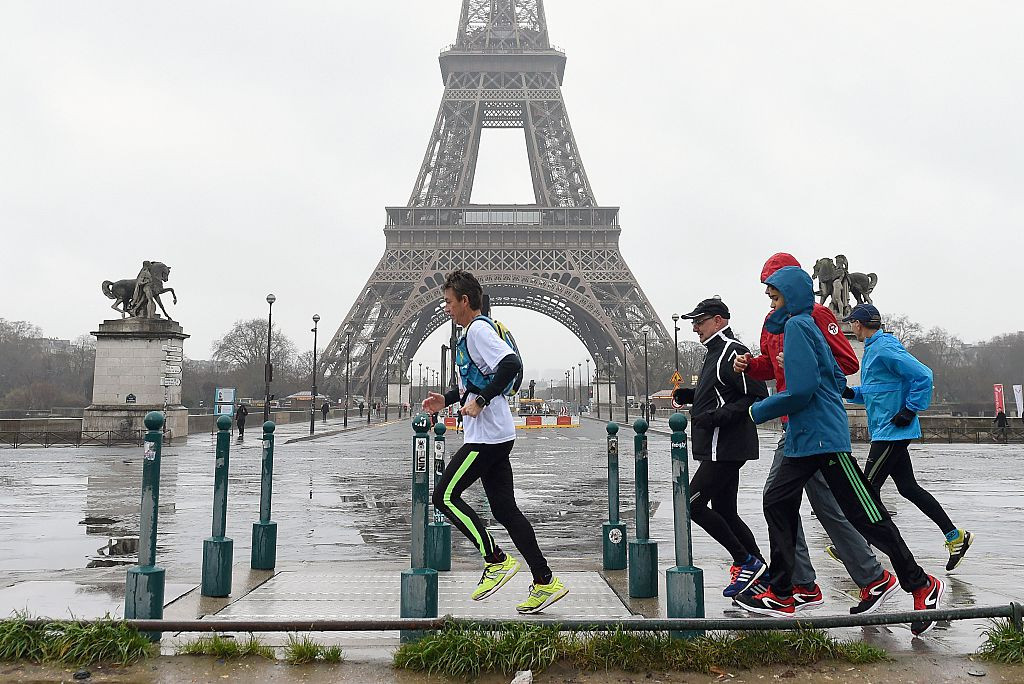 Serge Girard, ultra-distance runner, embarking on his record-setting around-the-world run in Paris