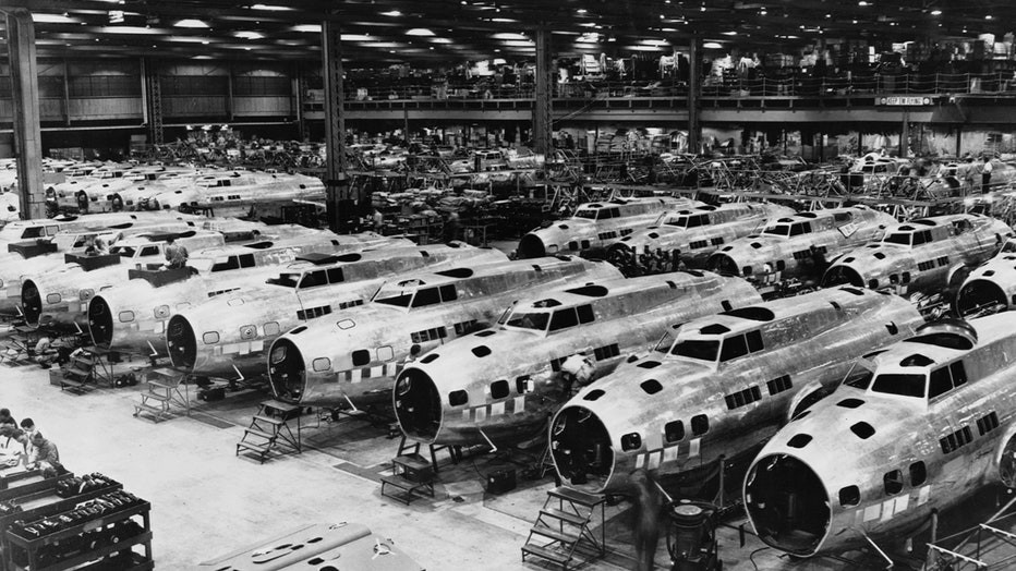 Rows of B-17 Flying Fortress heavy bombers are under production at a Boeing plant in Seattle, Washington. 1942-1945. (Photo by Library of Congress/Corbis/VCG via Getty Images)