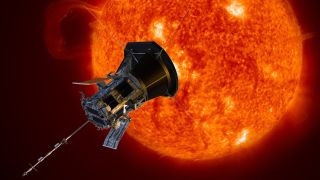 Graphic depiction of NASA's Parker Solar Probe approaching the Sun, illustrating its high-speed trajectory.
