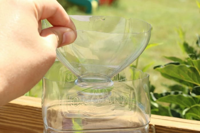 Inverting the bottle top to create a funnel for a fly trap
