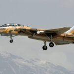 Grumman F-14 Tomcat with wings swept back, showcasing its variable-sweep wing design.