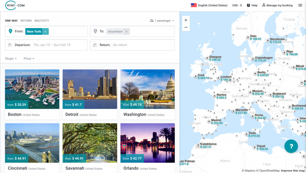 Kiwi.com flight search explore map view
