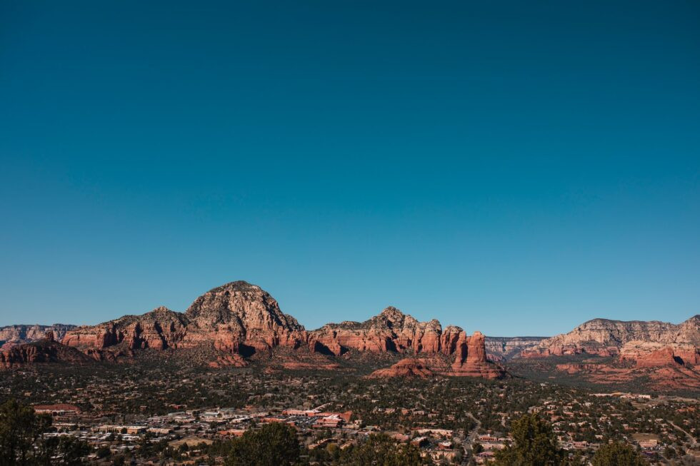 Aerial view of Sedona, Arizona, showcasing red rock formations