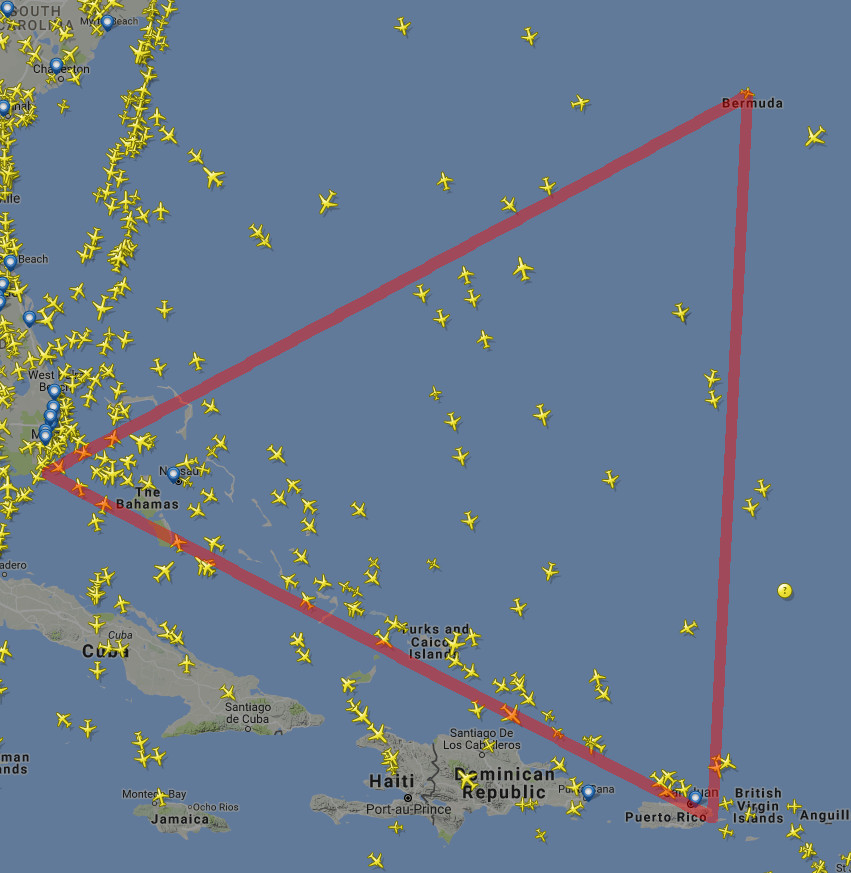 Flight paths over the Bermuda Triangle as seen on Flightradar24