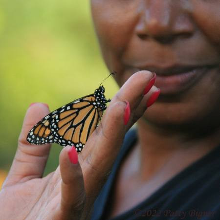 A joyful African American woman admires a monarch butterfly perched on her hand, captured outdoors.