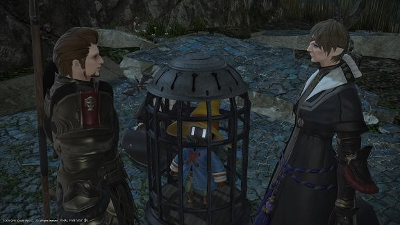 Nashu Mhakaracca stealing armor from a relaxed Grand Ser during a massage, showcasing the slapstick humor and unconventional tactics employed in the Hildibrand questline.