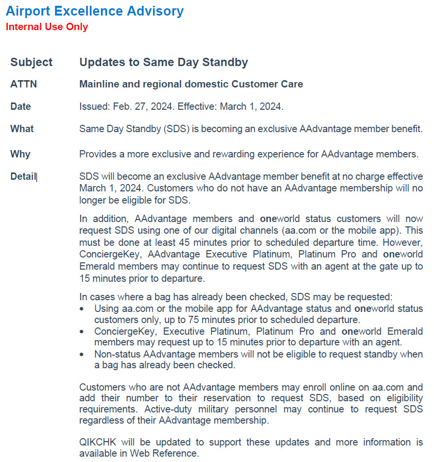 Screenshot of American Airlines Standby Policy for Agents