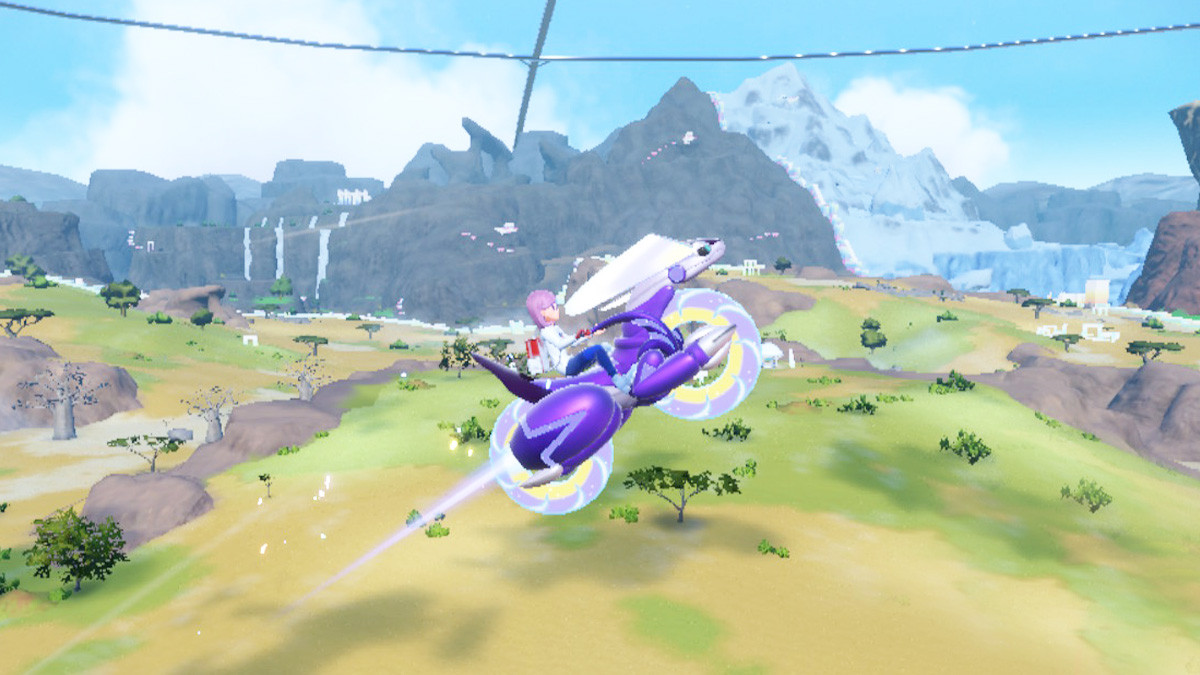 Miraidon soaring through the sky in Pokemon Indigo Disk