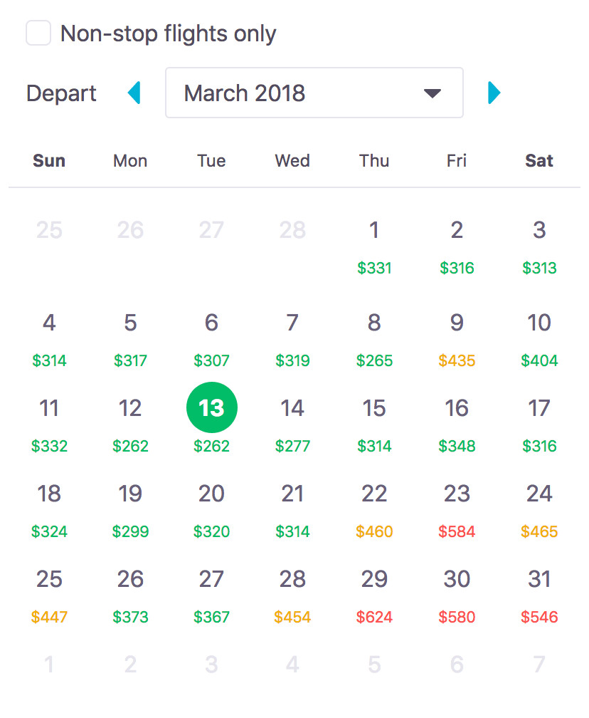 Skyscanner cheapest date to fly calendar view
