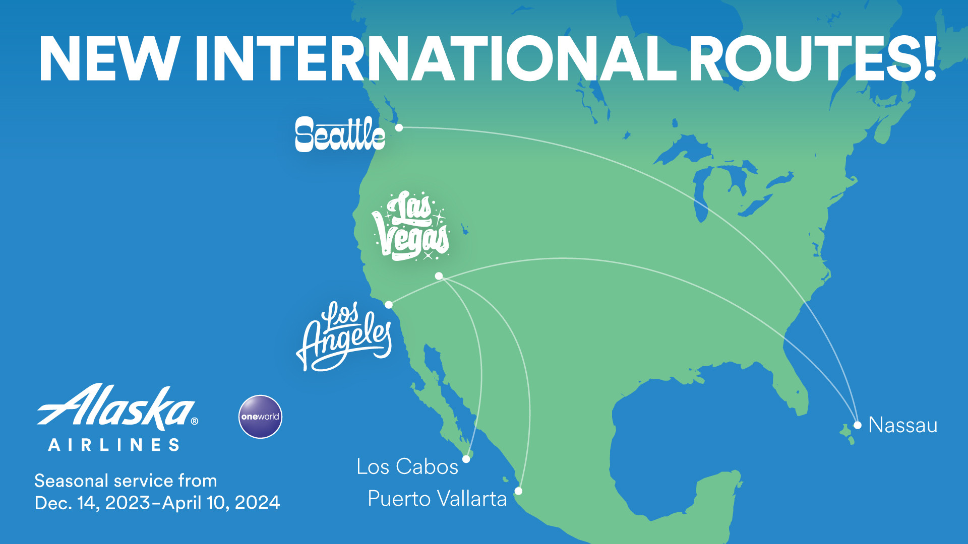Map of new Alaska Airlines routes to Nassau, Cabo San Lucas, and Puerto Vallarta