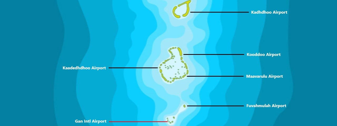 Map outlining the airports in the southern atolls of Maldives, emphasizing access to remote resorts and atolls.