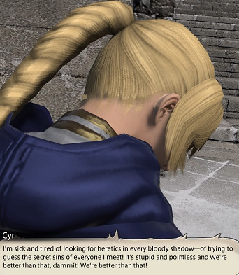 Cyr expressing his concerns about Vivi's Allagan temporal magic, showcasing his evolving character and growing understanding of the complexities beyond Ishgardian dogma.