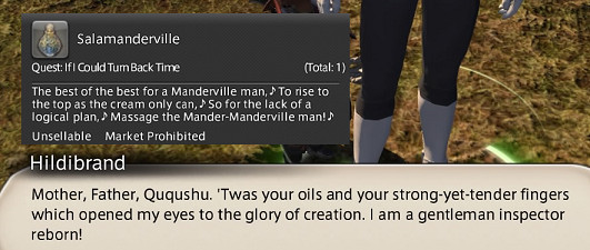 Hildibrand undergoing a massage with his family's legendary oil, a typical comedic interlude that breaks the tension and reinforces the lighthearted tone of the questline.