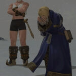 Godbert Manderville, Hildibrand's father, sporting his signature beach attire even in the snowy Ishgard setting, highlighting the comedic and out-of-place nature of the Hildibrand quests.