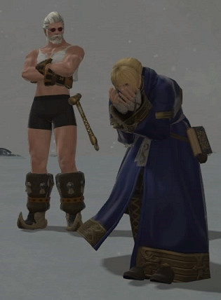Godbert Manderville, Hildibrand's father, sporting his signature beach attire even in the snowy Ishgard setting, highlighting the comedic and out-of-place nature of the Hildibrand quests.