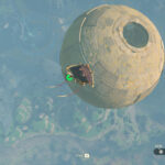 Link gliding towards the Jirutagumac Shrine, a spherical floating structure in Zelda Tears of the Kingdom's Lanayru Sky Archipelago, highlighting its unique entrance.