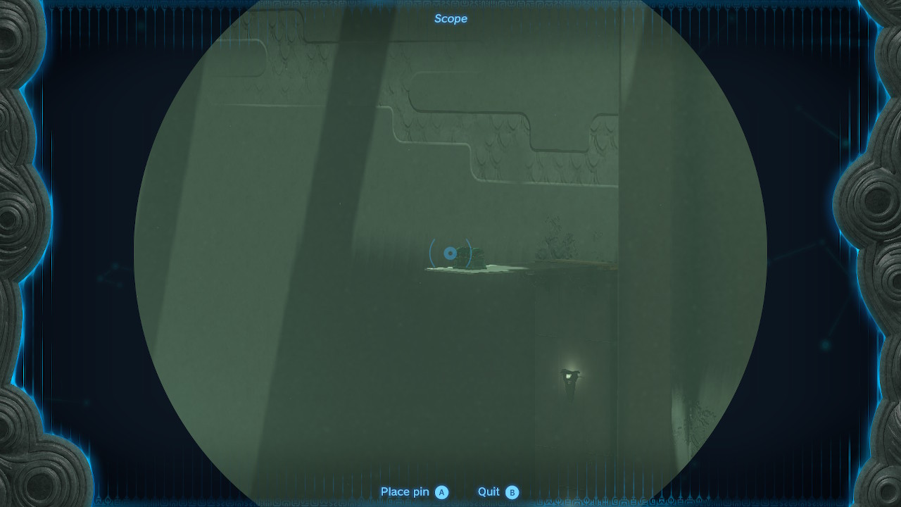 Link using the scope to identify a hidden chest on a ledge within the Jirutagumac Shrine, highlighting an optional treasure in this flying device puzzle in Zelda Tears of the Kingdom.