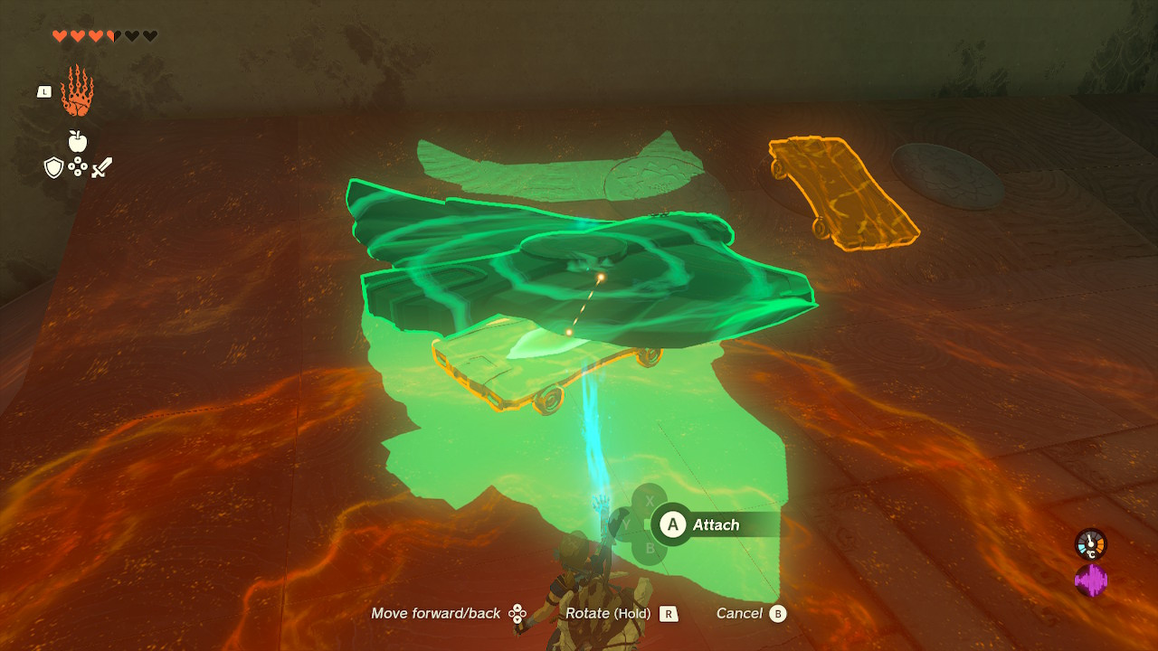 Link attaching a wing to a cart using Ultrahand in the Jirutagumac Shrine, constructing a basic flying device in Zelda Tears of the Kingdom.