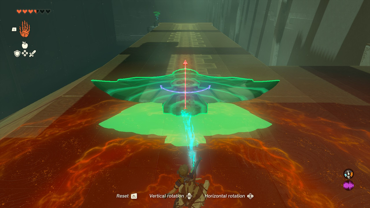 Link aligning a wing on a runway in the Jirutagumac Shrine, preparing for the next stage of the flying device challenge in Zelda Tears of the Kingdom.