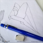Simplified bird outline to assess proportions, highlighting angles between body parts for accurate drawing.