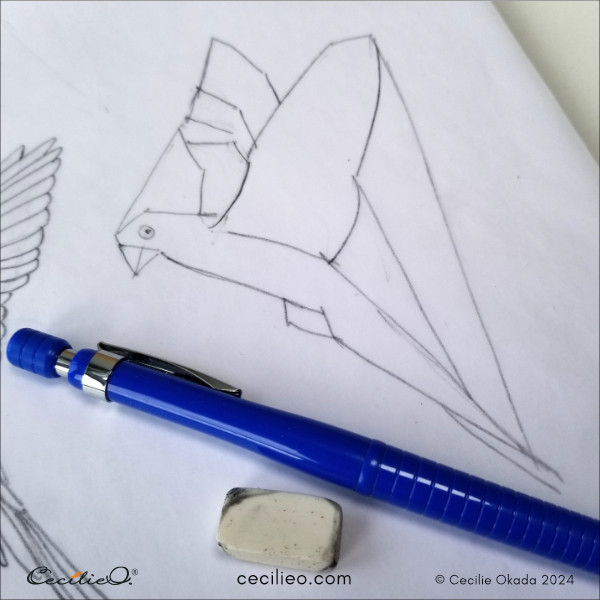Simplified bird outline to assess proportions, highlighting angles between body parts for accurate drawing.
