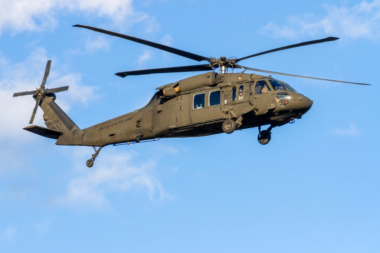 U.S. Army Sikorsky UH-60 Black Hawk helicopter prepares for takeoff