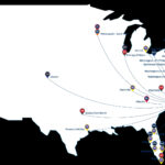Route Map of United States with Nonstop Flight Destinations from ILM
